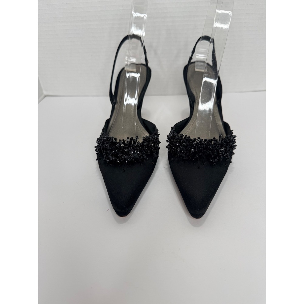 Slingback 6M Black Beaded Satin Pointed Toe Kitten Heel Whimsigoth Y2K Formal - Picture 3 of 11